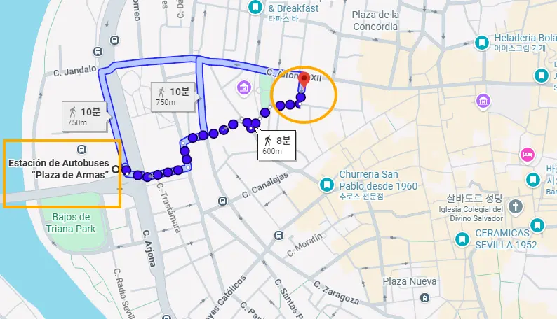 セビリアの地図とホステルへの道